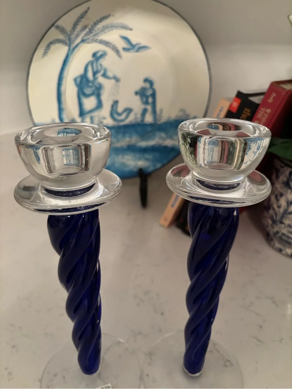 Kosta Boda Cobalt Blue Twisted Glass Candlesticks Pair